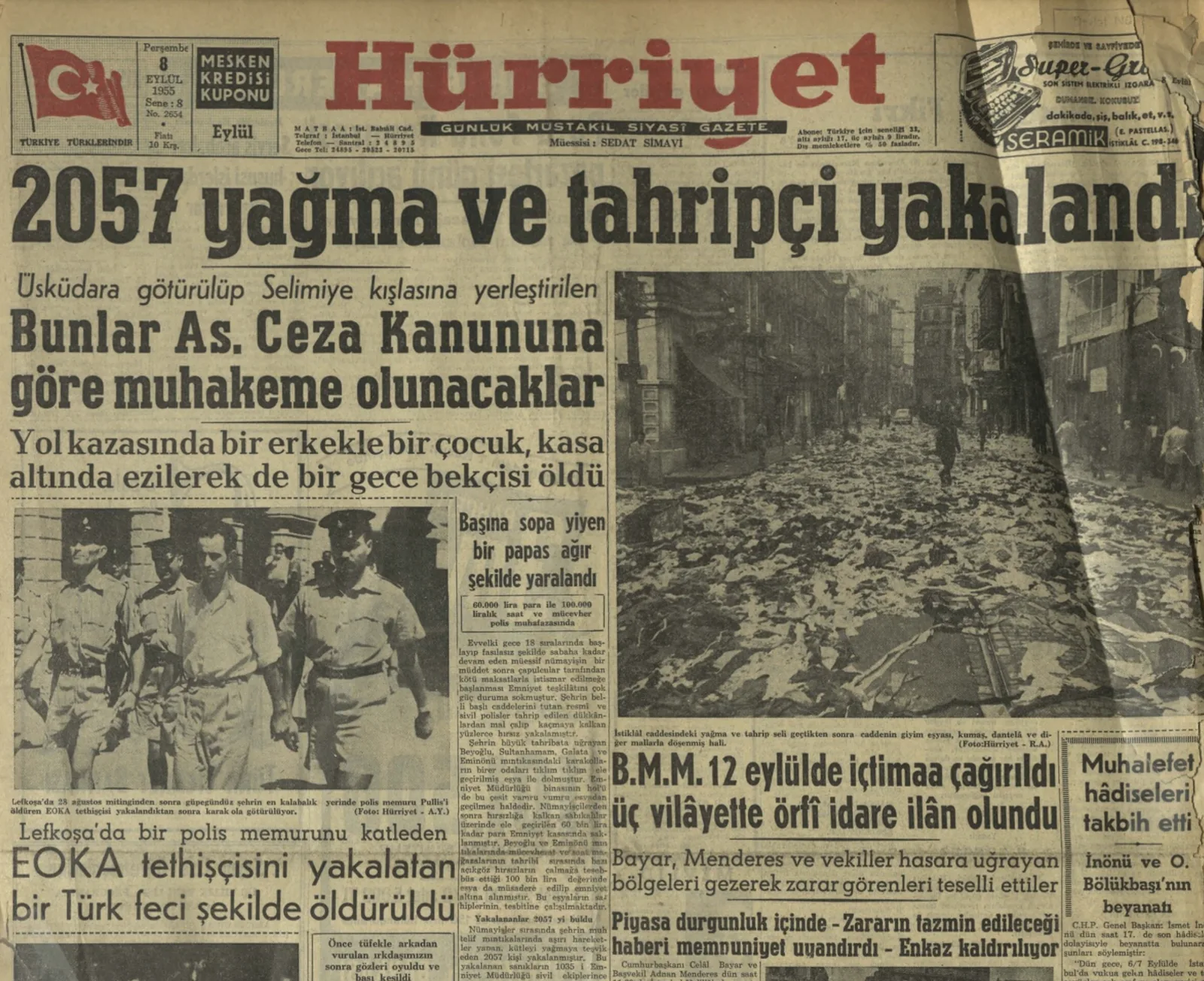Hürriyet, 8 Eylül 1955: “2057 yağma ve tahripçi yakalandı”
